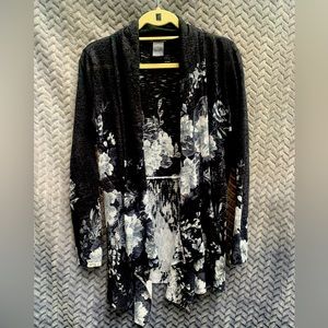 INC International Black & White flower patterned light waterfall cardigan Size M